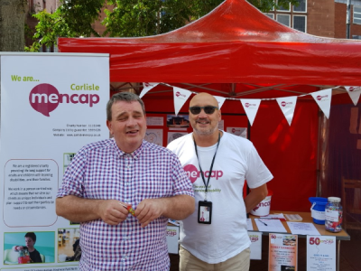 <strong>Carlisle Mencap</strong><br/>Events & fundraising officer Phil Taylor with service user Ian Air